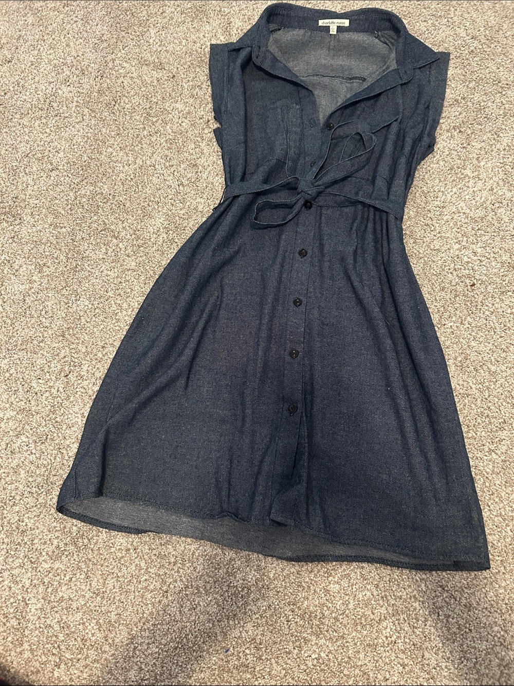 Charlotte Russe Navy Button-Front Midi Dress with Tie Waist